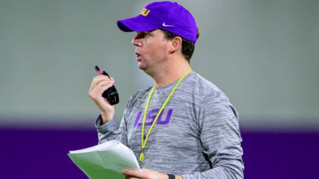 LSU Tigers offensive coordinator Joe Sloan during a practice at the indoor facility